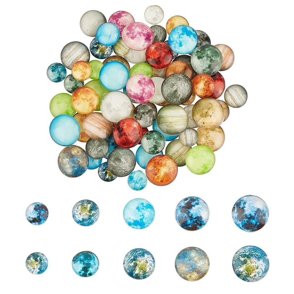 6774 80Pcs 10Styles Luminous Glass Cabochons Solar System Planet Pattern